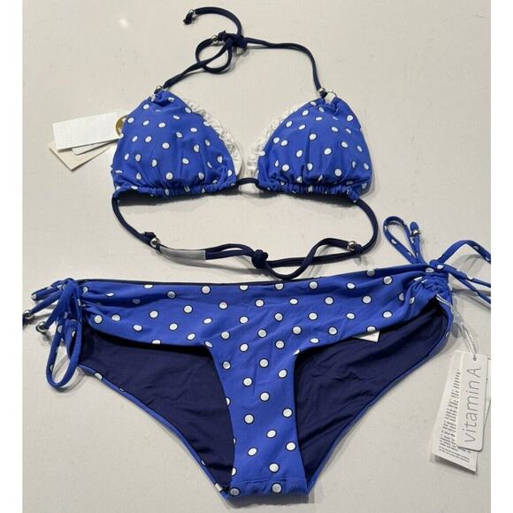 Vitamin A Rio Reversible Bikini Top Bottom Blue Polka Dot 2 Piece Set Retro NEW - Picture 2 of 10